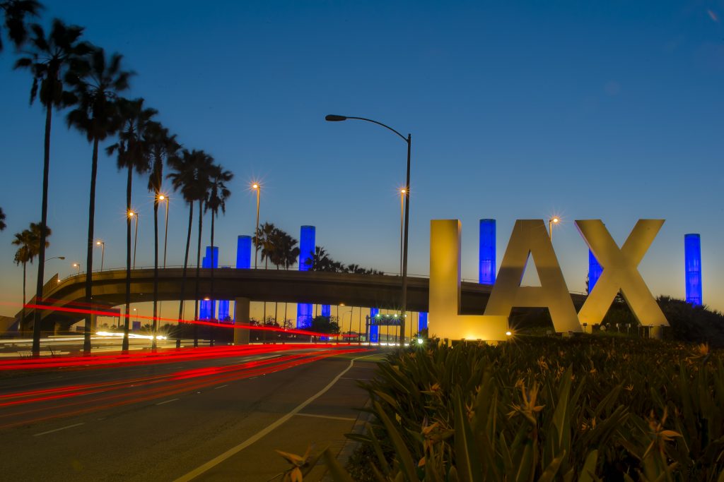 The iconic LAX Los Angeles International Airport Sign at Night