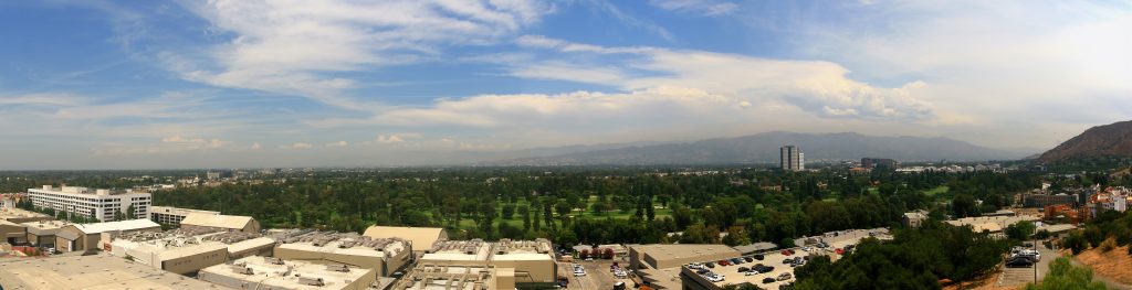 High angle view of the Studio City area and Universal Studio at Los Angeles, California